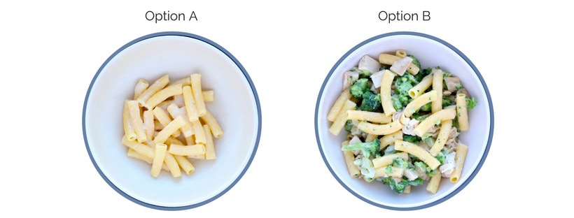 Pasta on white plate next to pasta and broccoli on white plate.