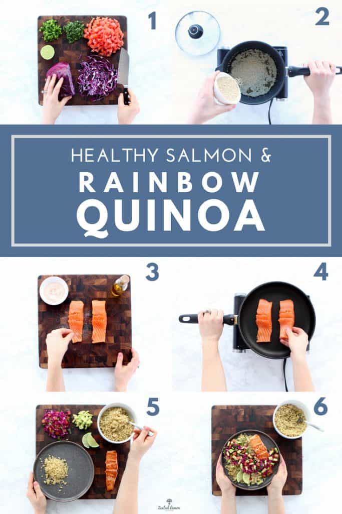 Instructions for salmon and rainbow quinoa recipe.