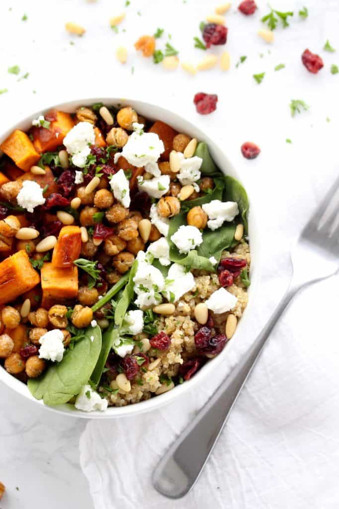 Sweet potato and quinoa salad in white bowl.